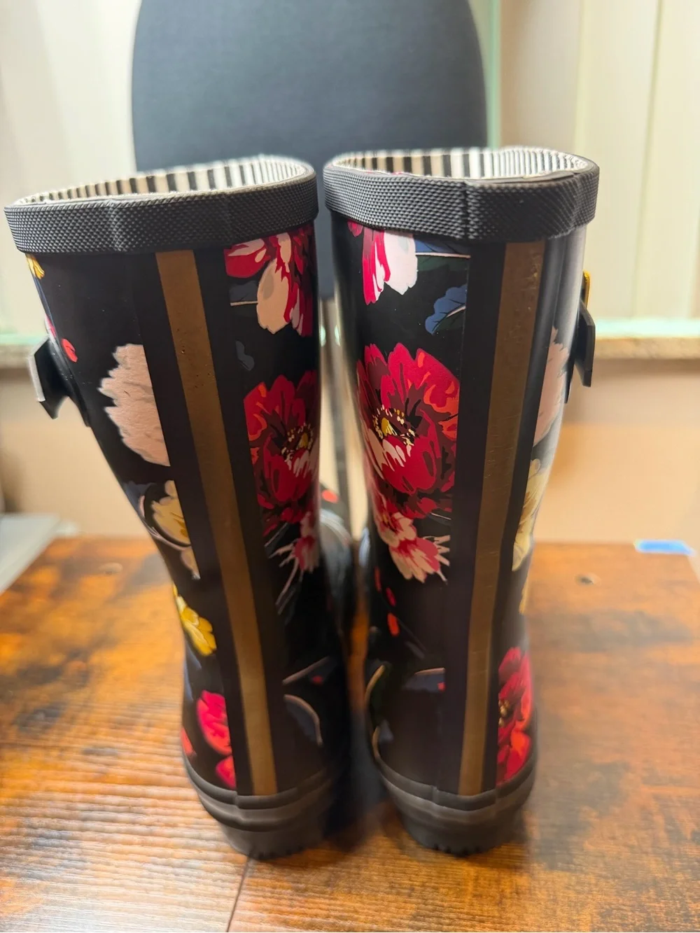 Joules Women's Black Floral Rain Boots - Pink & Yellow Flowers Size 11